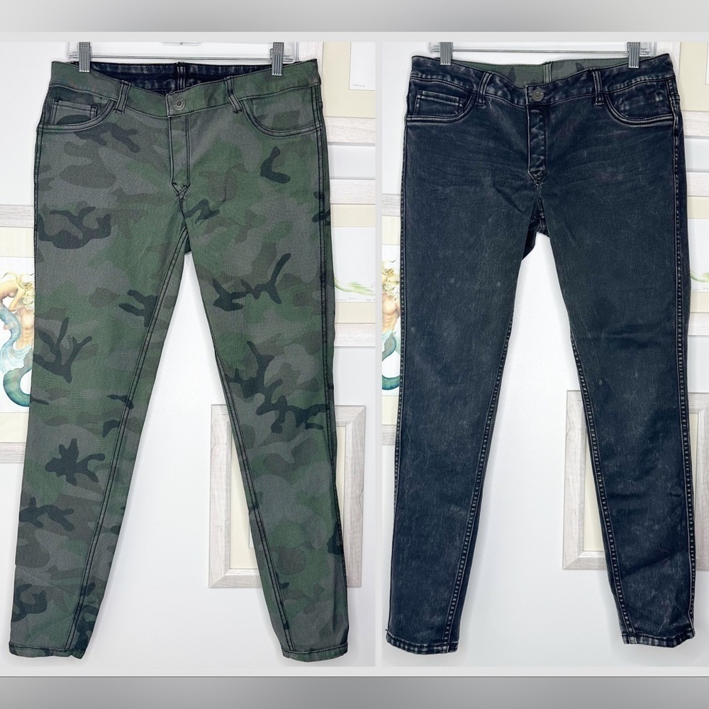 Flip Side Reversible Green Camouflage & Black Skinny Jeans Junior’s Size 11